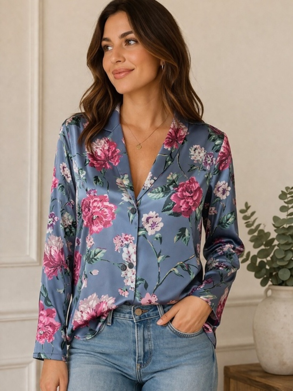 Victoria’s Secret 100% Silk Floral Pajama Blouse Size M Periwinkle Blue